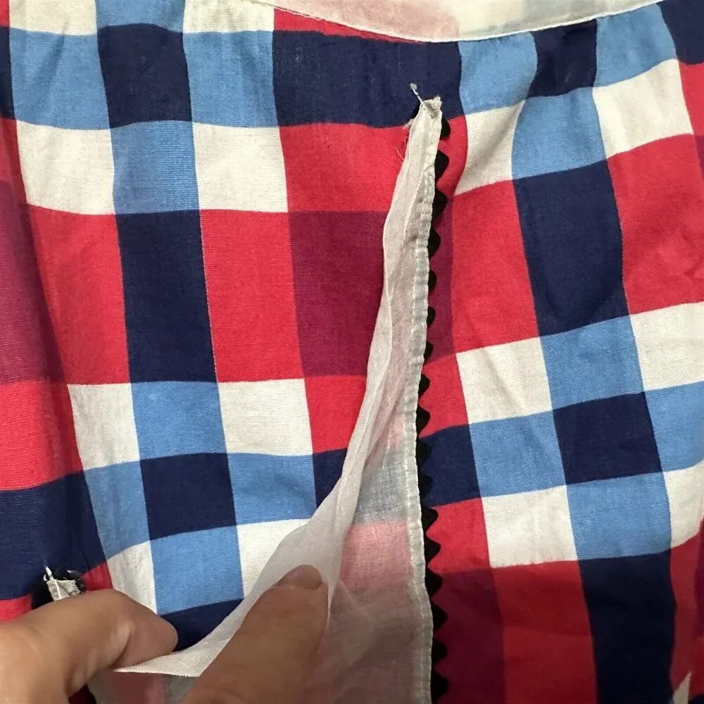 Vintage Apron Plaid Red Blue Buffalo Sheer Ruffle Trim